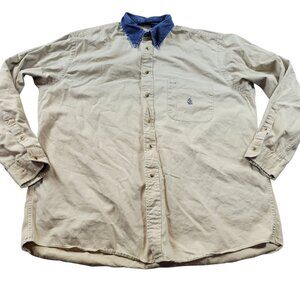 Nautica Shirt Mens XL Beige Oxford Long Sleeve Sailing Crest Denim Collar Retro